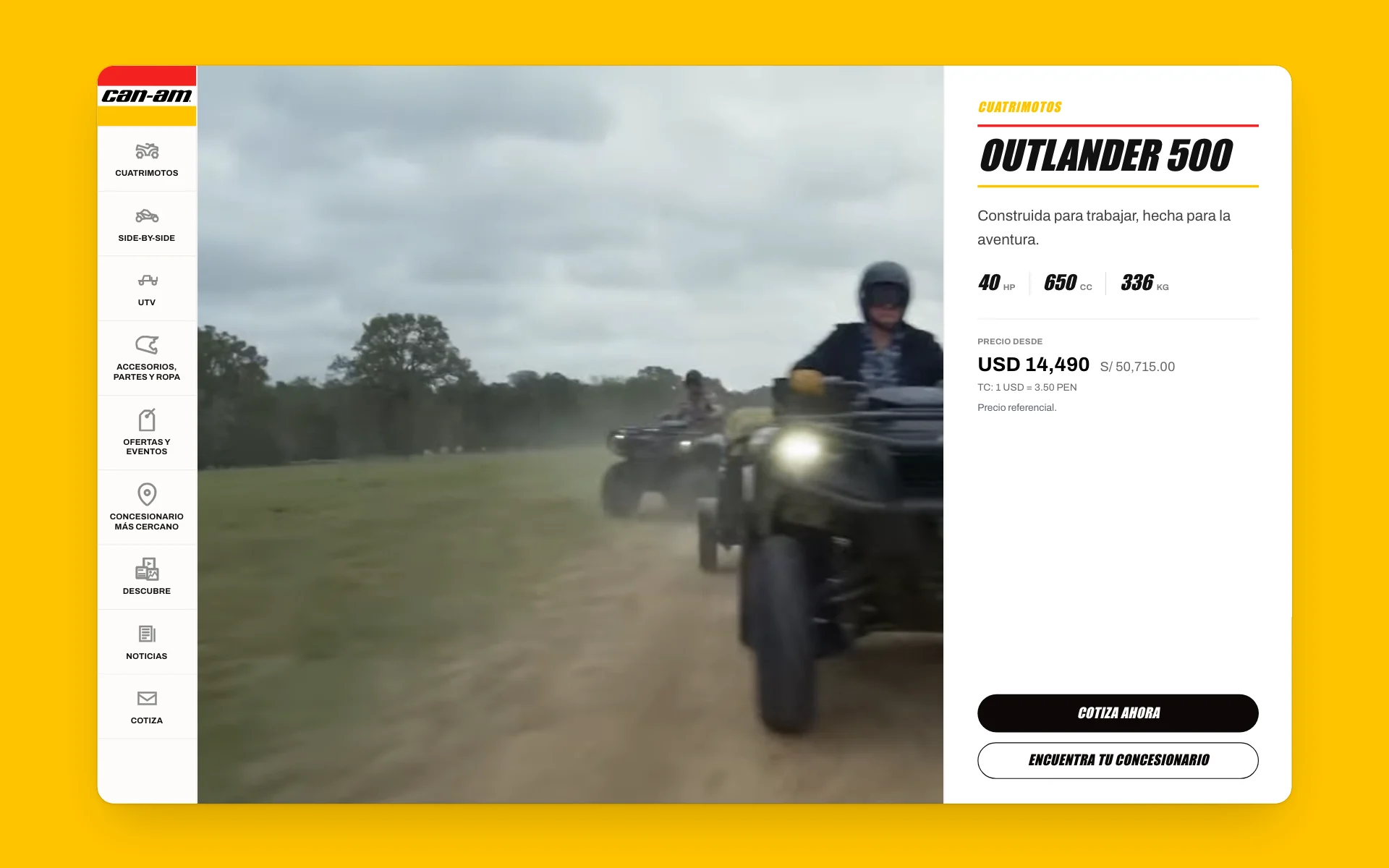 The Outlander 500 landing on canamperu.com, from hero to specs