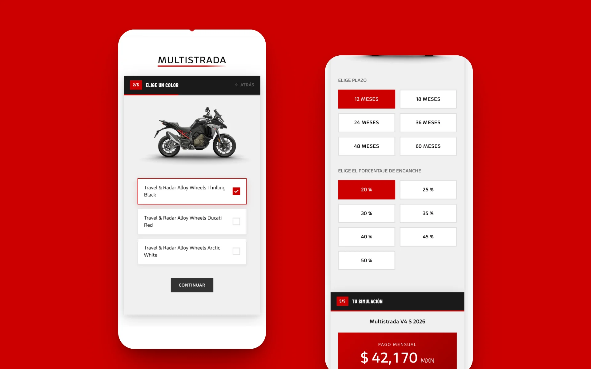 The Ducati simulator in use: picking the Multistrada's color and building the plan down to the monthly payment