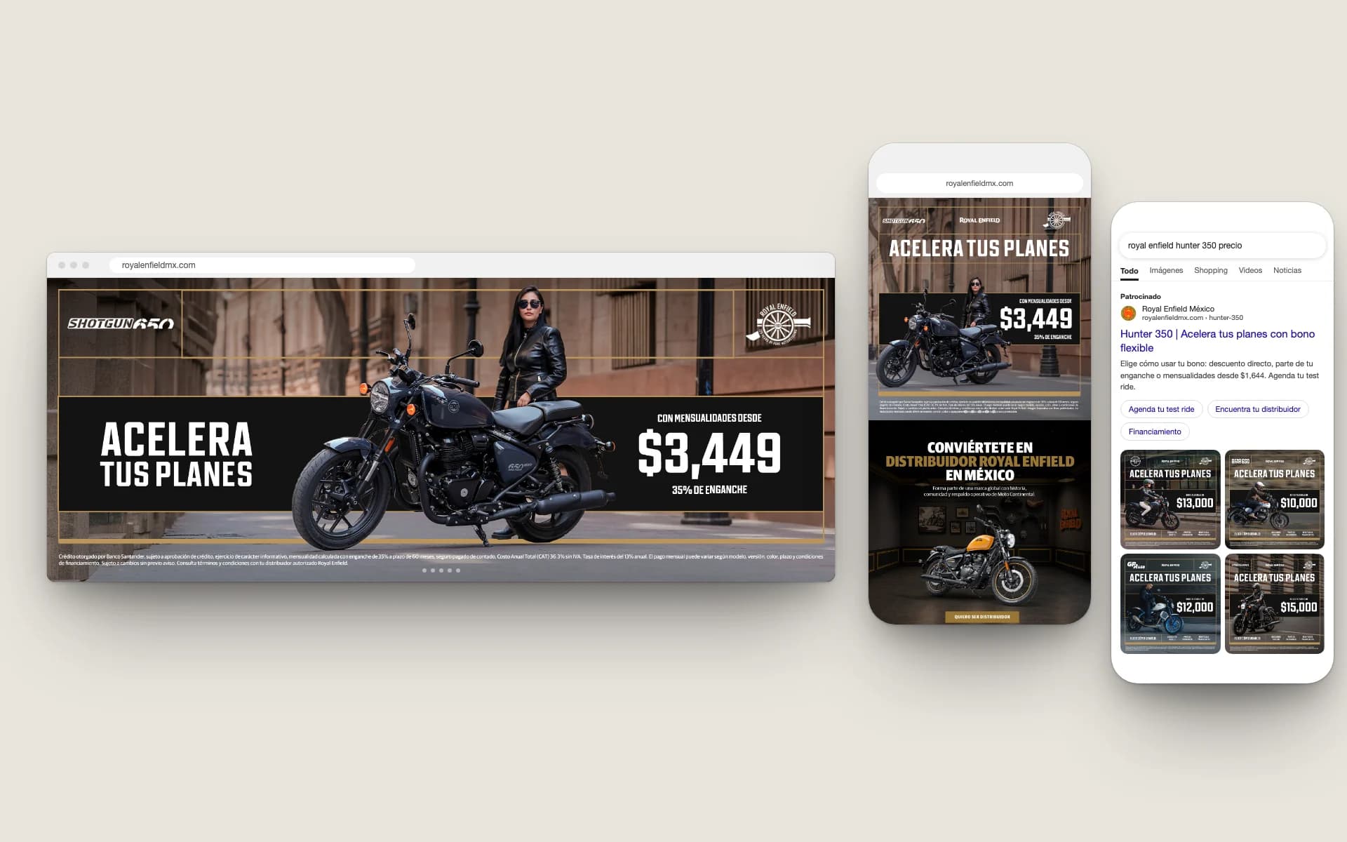 The campaign on the web: site banners on desktop and mobile, and the search ad